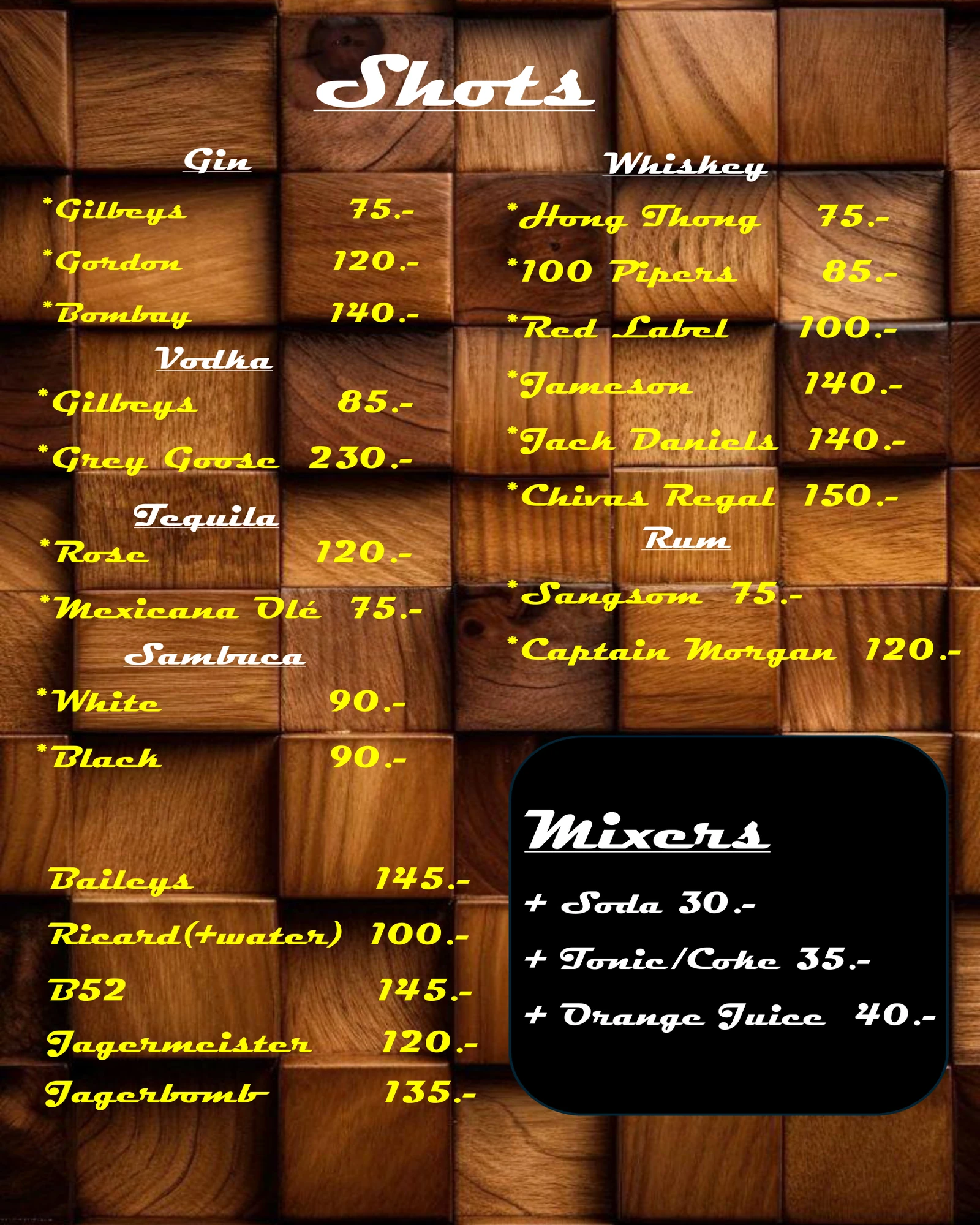 LIQUORS / SPIRITS Menu
