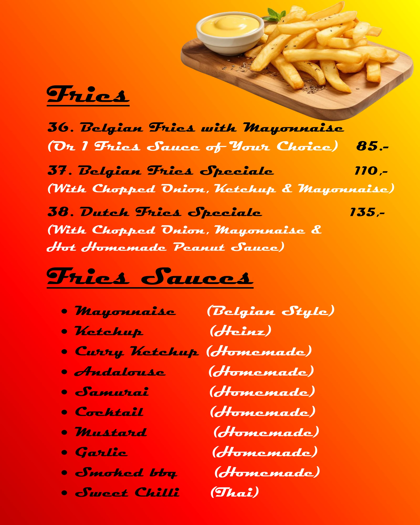 Fries menu - Belgian Fries and Fries Sauces
