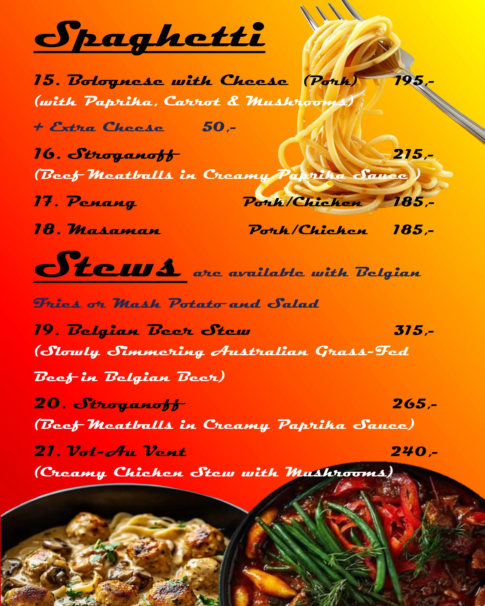 Spaghetti and Belgian stews menu